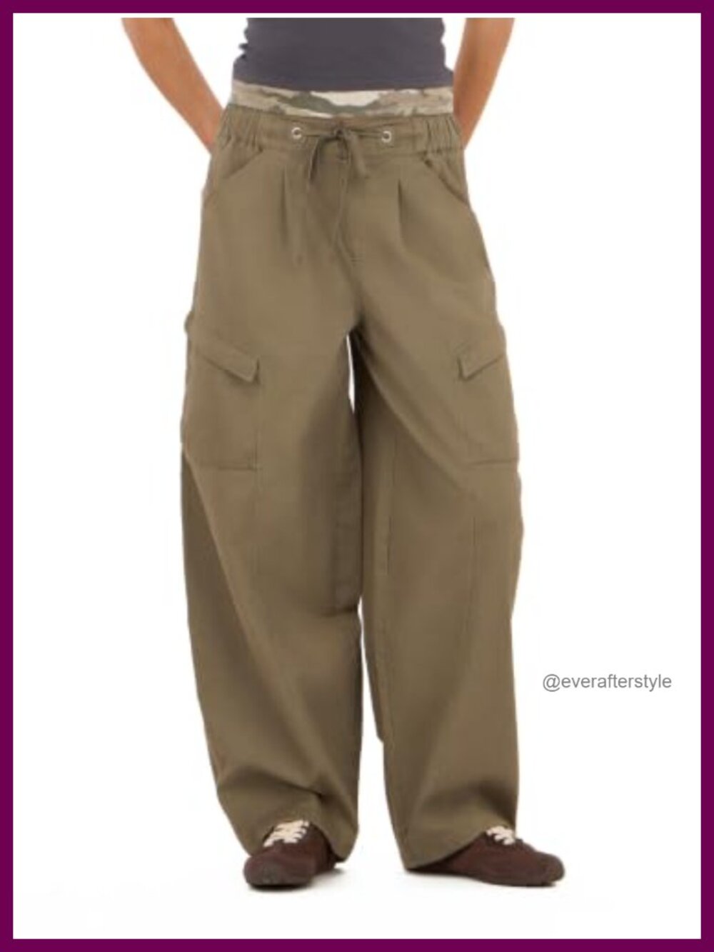 Barrel Leg Cargo Pants Elastic Waist Loose Fit Mid Rise Flat Front
